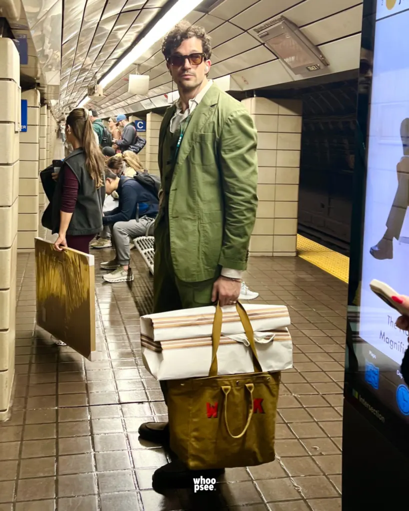 Actor Paul Anthony Kelly spotted on New Jersey PATH train in green suit