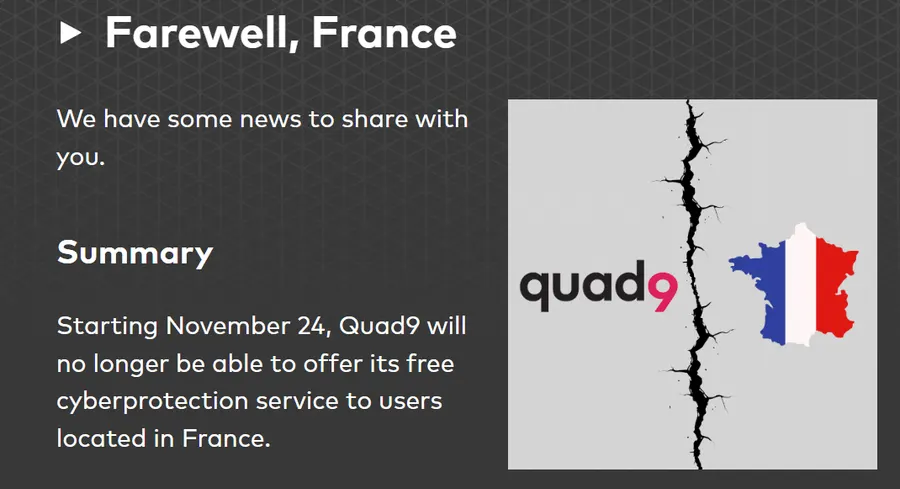 Quad9 DNS resolver to exit France
