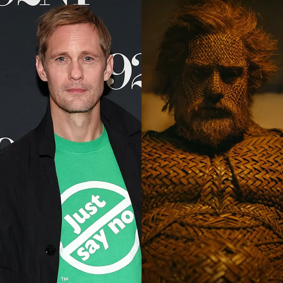 Swedish actor Alexander Skarsgård tours Wicker in wicker suit and slogan shirts