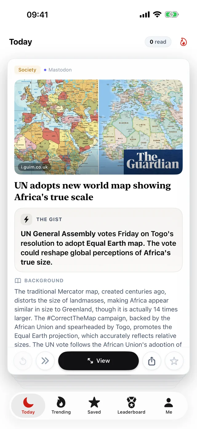gg2 Today screen: one decoded card with its picture, headline, gist and background