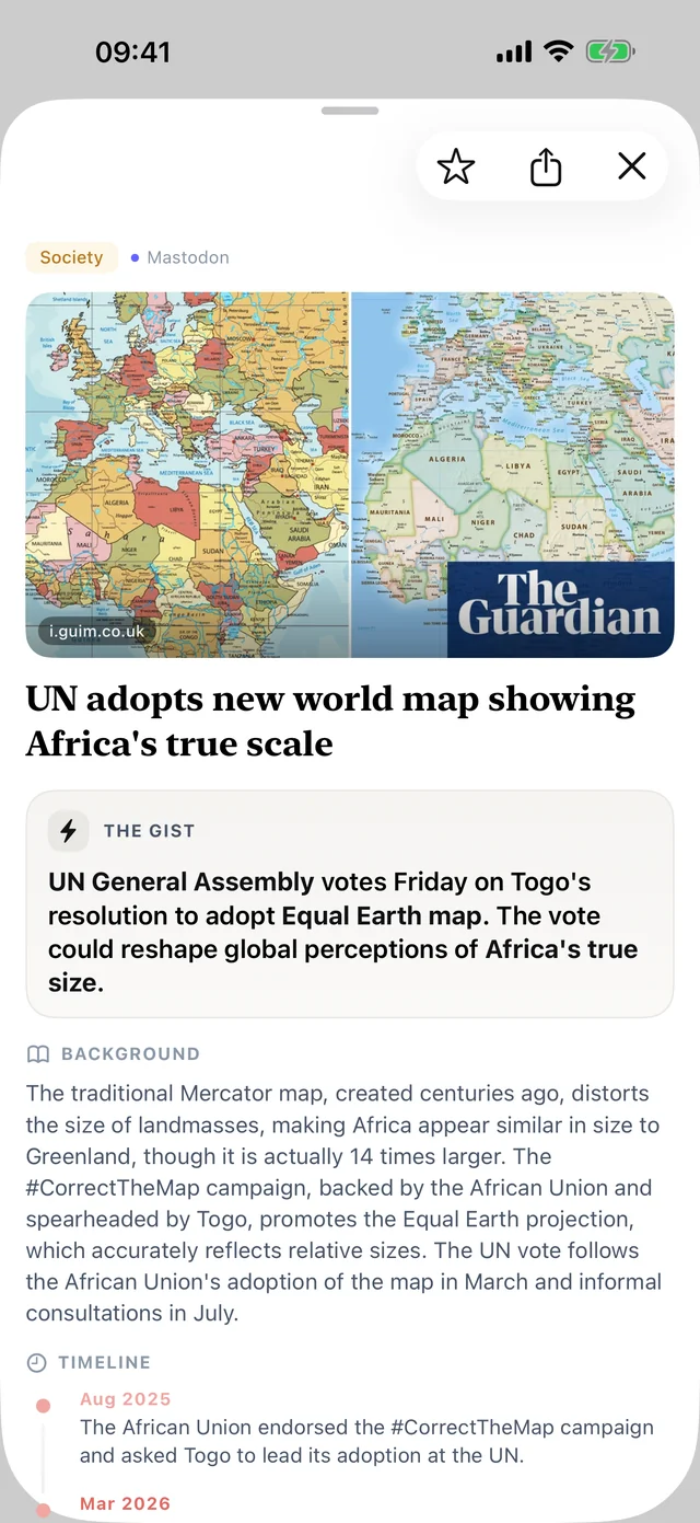 gg2 story view: picture, headline, the gist, background and the start of the timeline